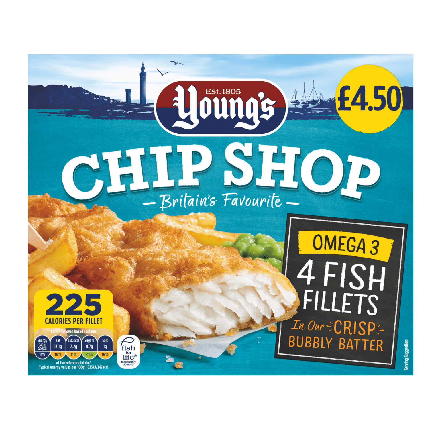 PM £4.50 Young's Chip Shop 4 Fish Fillets in Batter - Consort Frozen Foods