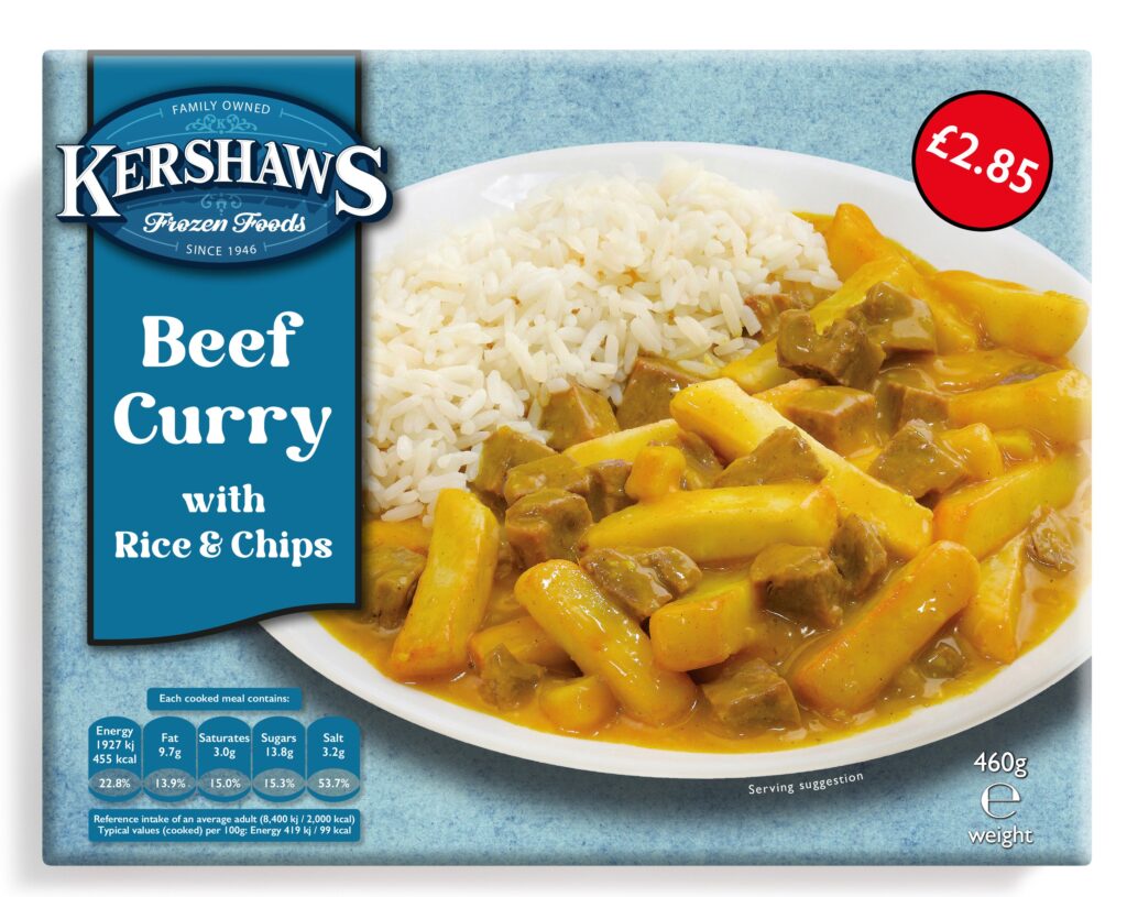 46754 PM 2.85 Kershaws Beef Curry with Rice and Chips CASE