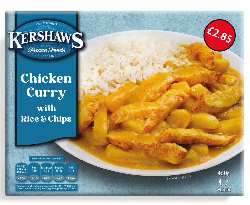 47895 PM 2.85 Kershaws Chicken Curry with Rice and Chips CASE