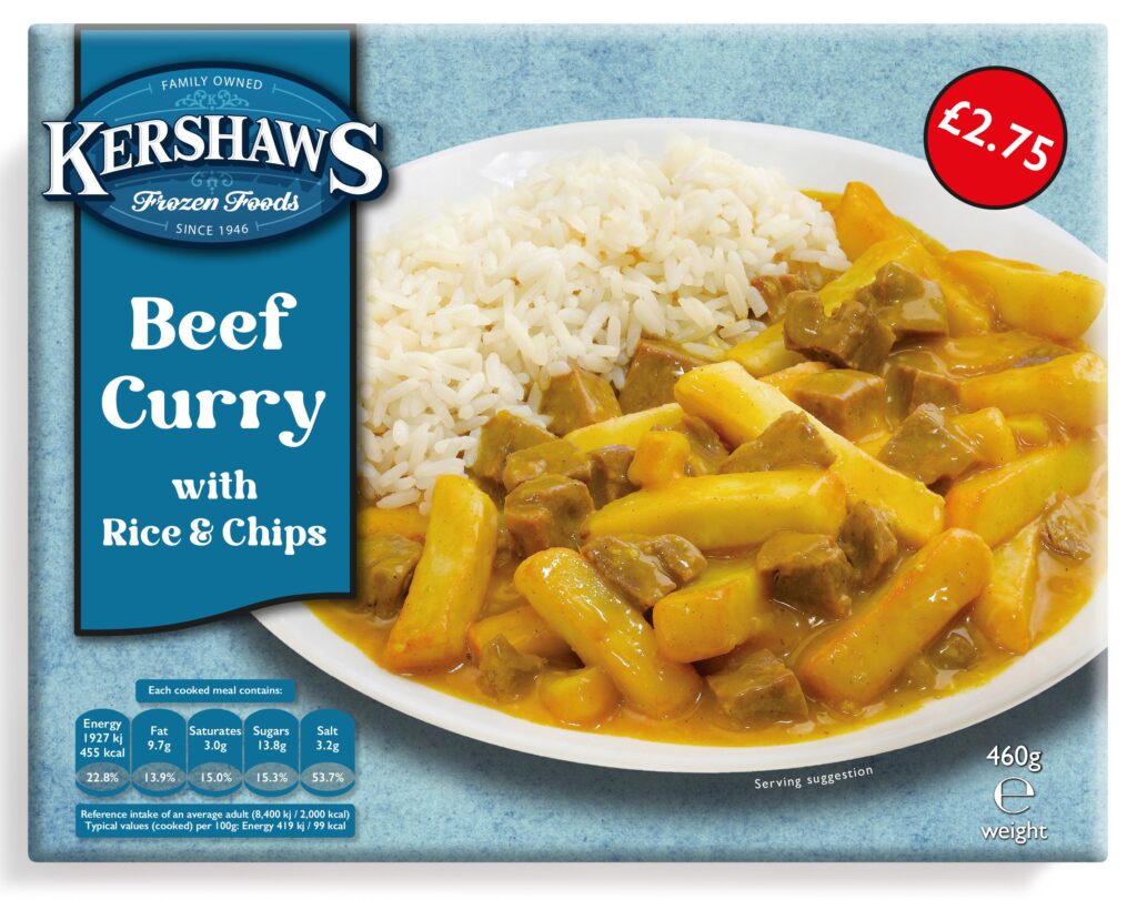 63215 PM 2.75 Kershaws Beef Curry with Rice and Chips CASE
