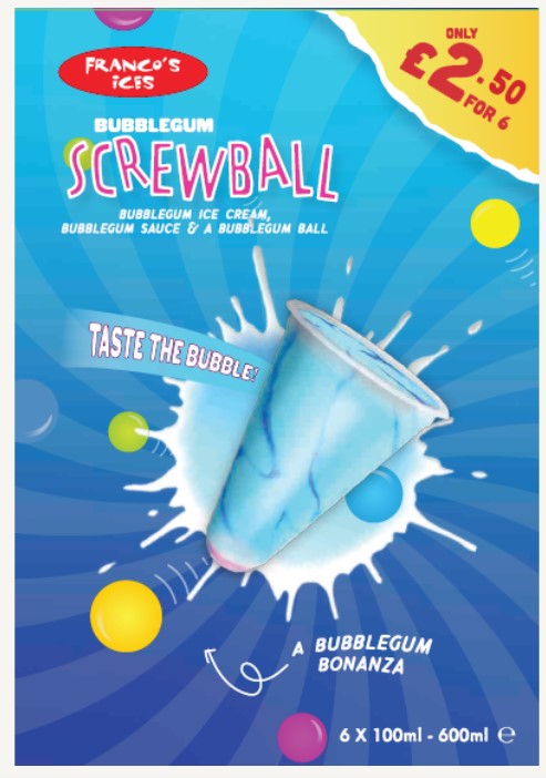 Consort Frozen Foods Ltd PM £2.50 Franco Bubblegum Screwball Multipack